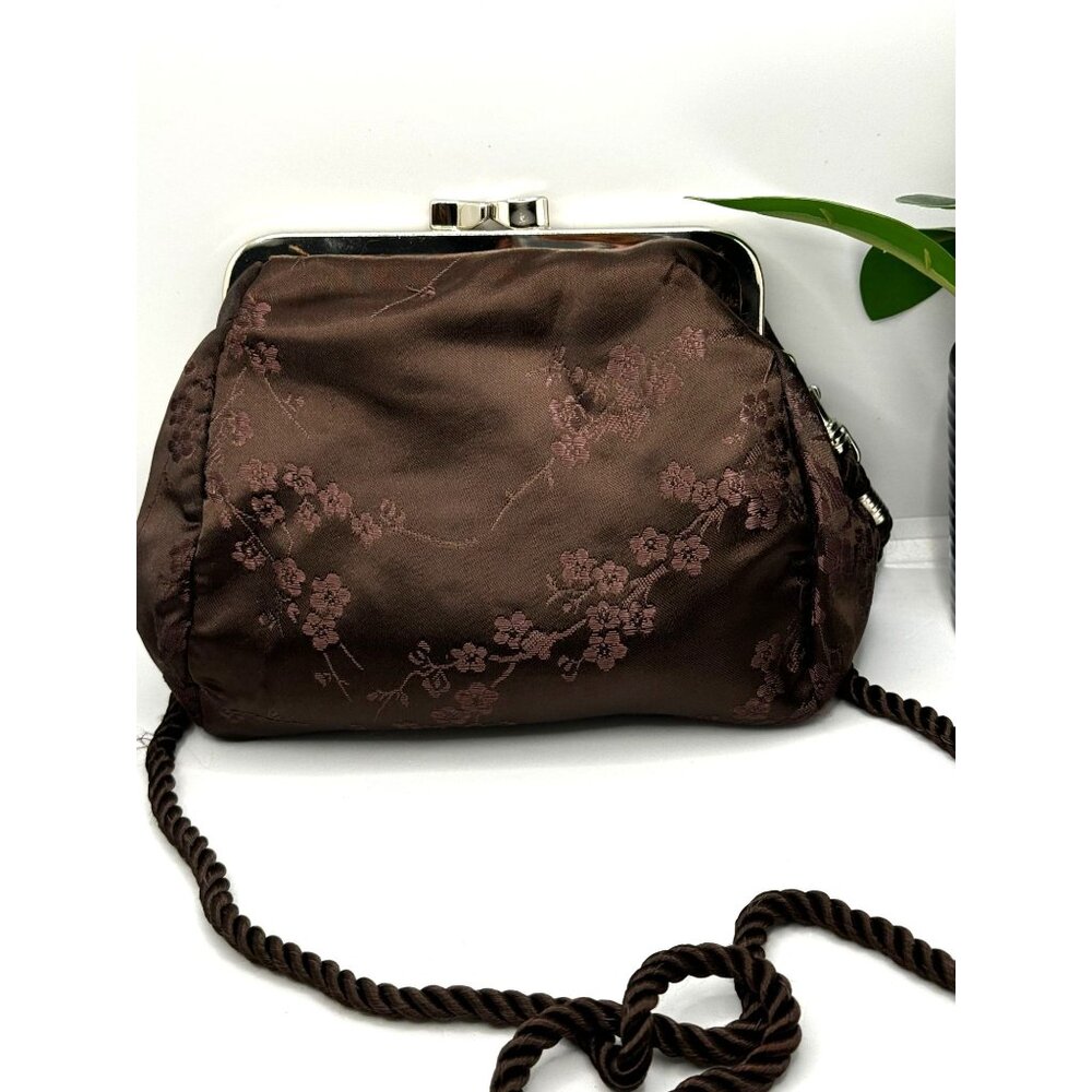 Express Vintage Brown Floral Satin Brocade/Embroidered Clutch Purse With Rope St